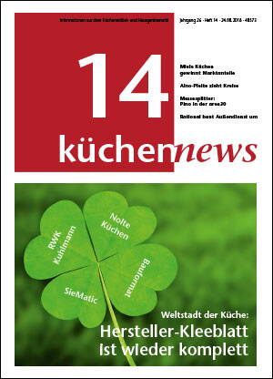 Titelseite der Fachzeitschrift „küchennews“ mit großem Kleeblatt aus vier grünen Blättern, auf denen die Markennamen Rük Küchenmanufaktur, Nolte Küchen, Warendorf und SieMatic stehen, sowie der Überschrift „Hersteller-Kleeblatt ist wieder komplett“