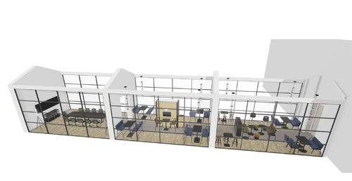 3D-Grundriss eines modernen Bürobereichs mit großem Konferenzraum, mehreren verglasten Besprechungszonen und Lounge-Bereichen mit Sofas, Tischen und Barhockern auf hellem Holzfußboden.