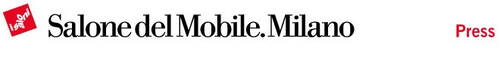 Logo-Schriftzug „Salone del Mobile.Milano“ mit rotem Quadrat-Symbol links und rotem Wort „Press“ rechts auf weißem Hintergrund