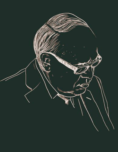 Strichzeichnung eines älteren Mannes im Profil mit Brille und Anzug, der den Kopf nach unten senkt und konzentriert wirkt