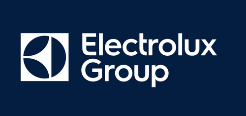 Weißes Electrolux‑Group‑Logo mit stilisiertem Kreis‑Symbol auf dunkelblauem Hintergrund