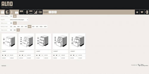 Online-Konfigurator der Marke Alno mit Auswahl verschiedener Unterschränke mit Auszügen, dargestellt in technischen Zeichnungen mit Maßen und Preisen