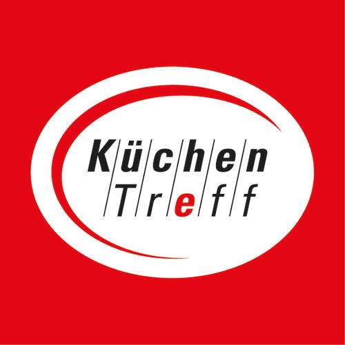 Rot-weißes KüchenTreff-Logo mit schräg gesetzter schwarzer und roter Schrift in einem ovalen Rahmen