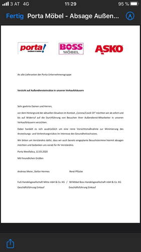 Schriftliche Mitteilung der Porta-Unternehmensgruppe an Lieferanten über den sofortigen Verzicht auf Außendienstbesuche in den Verkaufshäusern aufgrund der Corona/Covid‑19-Situation, datiert auf den 12.03.2020 und unterzeichnet von der Geschäftsführung Einkauf.