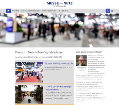 Startseite der Plattform „Messe im Netz“ mit verschwommenem Messehallen-Hintergrund, Text zu digitalen Fachmessen für Elektrohausgeräte und Porträt des Chefredakteurs rechts neben Veranstaltungsankündigungen.