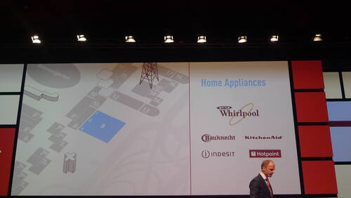 Geschäftsmann präsentiert auf einer Bühne eine Großleinwand mit Hallenplan und Logos mehrerer Hausgeräte-Marken wie Whirlpool, Bauknecht, KitchenAid, Indesit und Hotpoint.