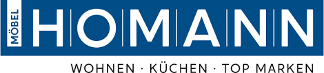 Blaues Möbel-Homann-Logo mit weißer Schrift und dem Slogan „Wohnen · Küchen · Top Marken“ darunter