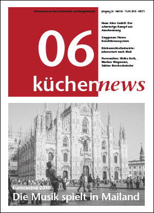 Titelblatt der Zeitschrift „küchennews“ mit großem roten „06“, Schlagzeile „Die Musik spielt in Mailand“ und schwarz-weißem Foto des Mailänder Doms mit Menschen auf dem Vorplatz