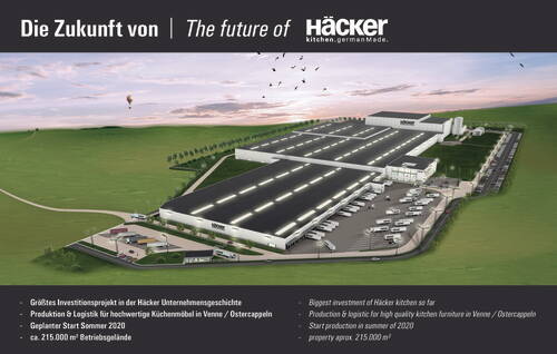 Visualisierung eines weitläufigen Häcker-Produktions- und Logistikzentrums für hochwertige Küchenmöbel inmitten grüner Landschaft mit Lkw-Flotte, Parkplätzen und modern beleuchteten Hallen bei Sonnenuntergang.