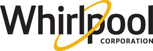 Schwarzes Whirlpool-Schriftlogo mit gelbem, elliptischem Ring, der den Buchstaben „p“ umkreist, und dem Wort „Corporation“ in Versalien darunter.