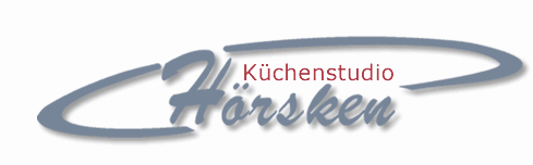 Logo mit dem Schriftzug „Küchenstudio Hörsken“ in roter und blaugrauer Schrift, umgeben von einem blaugrauen Schwungkreis