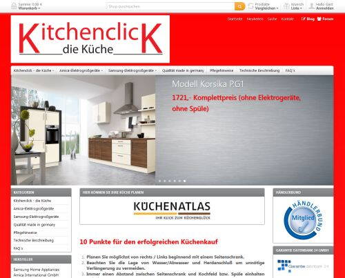 Startseite des Onlineshops Kitchenclick mit rot-weißem Layout, Küchenmodell „Korsika PG1“ im Slider und Navigationsleisten für Küchenangebote, Service und Planungstipps