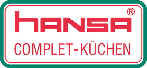 Logo der Marke „hansa COMplet-Küchen“ in pinker Schrift mit grün umrandetem weißen Rechteck-Hintergrund