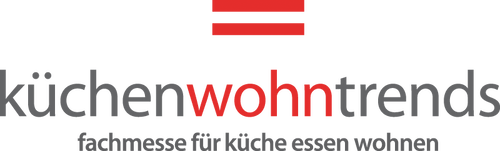 Logo der Fachmesse „küchenwohntrends“ mit grauem und rotem Schriftzug und dem Zusatz „fachmesse für küche essen wohnen“ unter zwei roten Querbalken